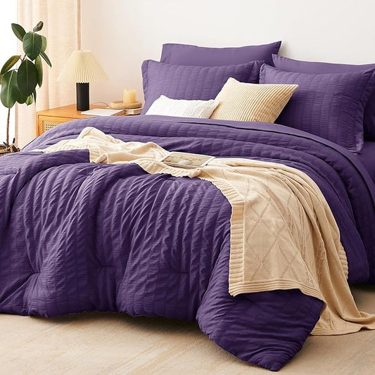 CozyLux King Size Comforter Set Purple, 7 Pieces Seersucker Textured Luxury Bed in a Bag, All Seasons Soft Bedding Sets with Down Alternative Comforter, Sheets, Pillowcases & Shams, Home Gift