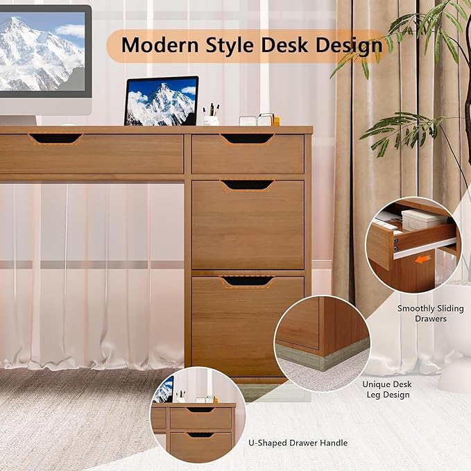 MaverickFurni Office Desk with Drawers, 54 Inch Computer Desk with 7 Drawers for Bedroom, Small Executive Desk with Stoarge Drawers for Work Study Writing, Small Spaces, Brown