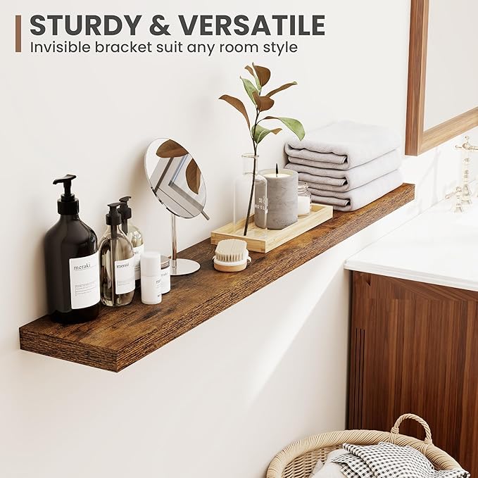 36 Inch Floating Shelves, 8 Inch Deep Floating Shelves for Wall, Hanging Shelf with Invisible Brackets, Deep Shelves for Bathroom, Bedroom, Living Room, Brown, Set of 2