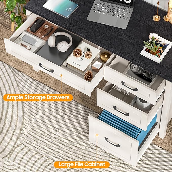 Vabches Farmhouse 47" Executive Desk with 4 Drawers, Computer Desk with File Drawer and Charging Station, Workstation for Home Office, Study.（Black）