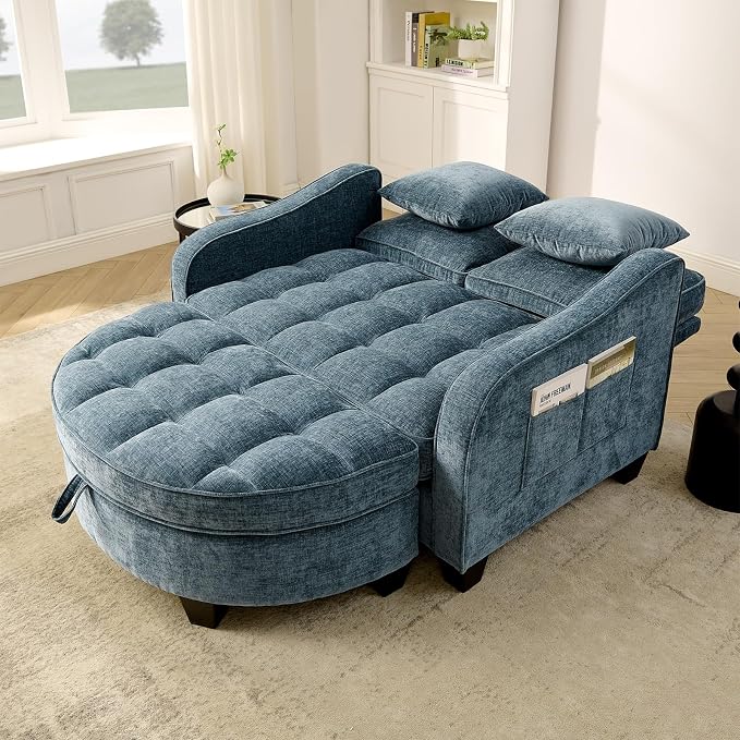 Oversized Curved Chaise Lounge Chair Indoor with Ottoman, 54.8" Cloud Boneless Reading Chair Soft Chenille Circle Couch w/Adjustable Backrest for Living Room, Apartroom, Bedroom, Blue