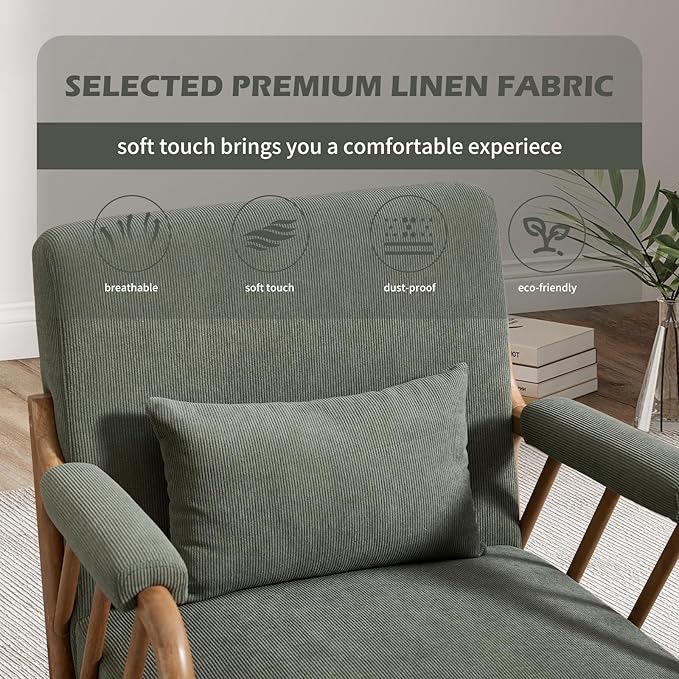 INZOY Mid Century Modern Accent Chair with Wood Frame, Upholstered Reading Armchair with Soft Corduroy Fabric, Accent Chair for Living Room Bedroom Apartment, Easy Assembly, Green
