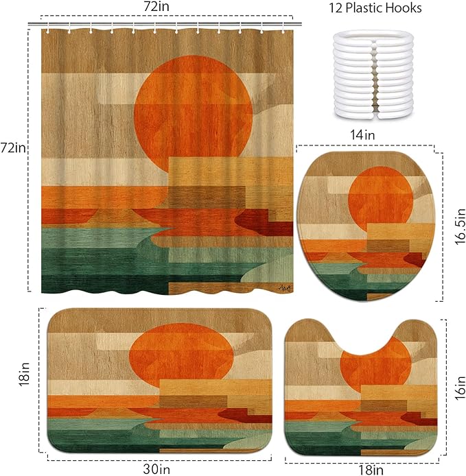 4 Pcs Geometric Wood Sunset Bathroom Set: Shower Curtain, Bath Mat, Toilet Lid Cover & Rug - Abstract Landscape Print with Hooks for Mid-Century Modern Ambiance