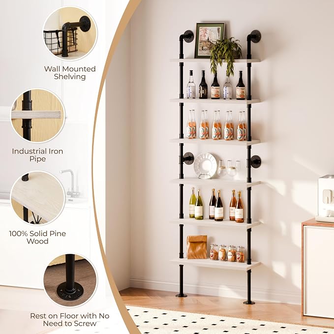 Pipe Shelves, Wall Mounted Wood Metal Industrial Shelves, Ladder Bookshelf for Living Room (White, 10" D x 30" W x 82.5" H)
