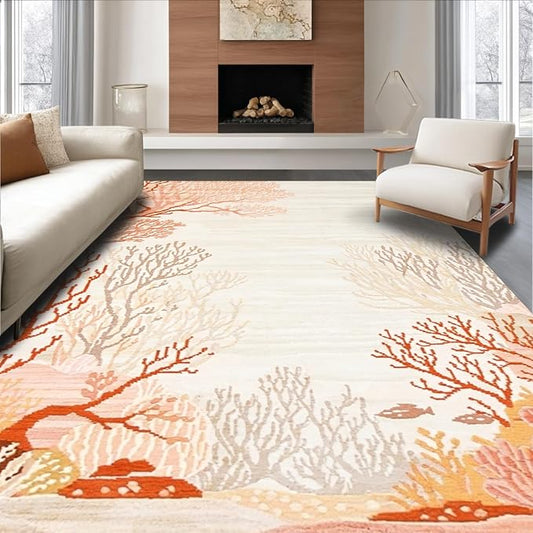 Flatwoven High Traffic Area Rug 6x9, Oceanic Reef Inspired Branching Abstract Design, Non Slip, Stain Resistant, Washable Area Rugs for Living Room, Bedroom (Coral, 6x9)