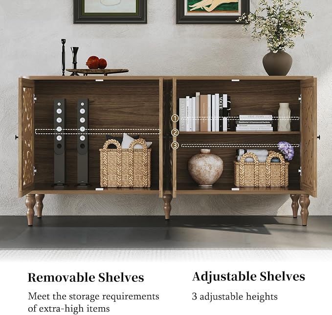 ARTPOWER 63" Retro Arc Carved Sideboard Buffet Cabinet, 4 Craft Doors Wooden Accent Credenza for Living Room, Dining Room, Entryway, Hallway, Light Walnut