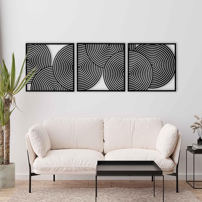 Mid Century Modern Wood Wall Art with Circular Patterns, Set of 3 Boho Home Decor Gift, Midcentury Modern Style Large Wooden Wall Art