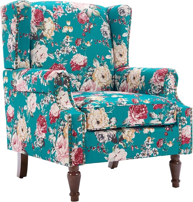 High Back Floral Accent Chair, Upholstered Armchair in Fabric, Retro Printed Wingback Arm Chair for Living Room, Nailhead Trim Single Sofa Bedroom Reading Seat - Peacock Blue