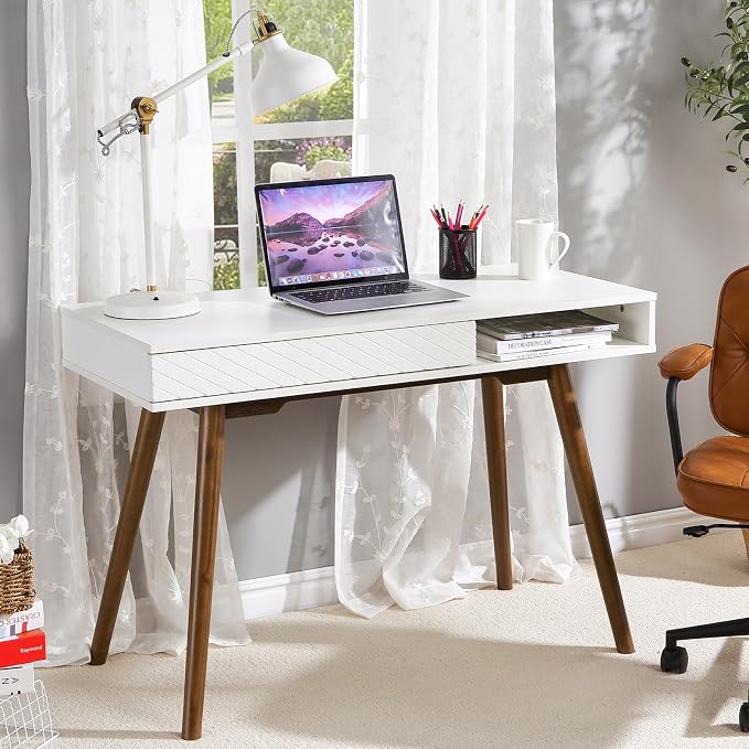 GAOMON Modern Simple Home Office Desk, Mid Century Modern Computer Writing Desk with Drawer Solid Wood Legs and Open Storage Cubby, Small Vanity Table Desk for Bedroom (White)