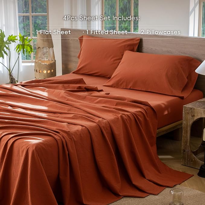 MooMee Bedding Sheet Set 100% Washed Cotton Linen Like Textured Breathable Durable Soft Comfy (Solid Rust Brown, King)