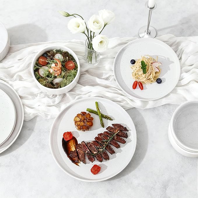 GZG Modern Art Series - 12 Pcs Speckled Stoneware Plates and Bowls Sets, Ceramic Dinnerware Set with Rustic Terracotta Underside, Microwave and Dishwasher Safe Handcrafted Dishes Set - Porcelain White