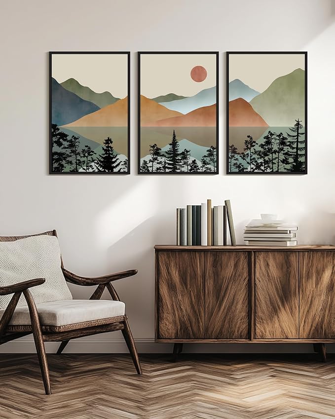 KUVIOKE Watercolor Mountain Framed Wall Art Nature Laker Landscape Painting Sun Rises Boho Farmhouse Rustic Room Decor 24x36in (Black Framed)