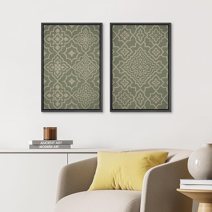 IDEA4WALL Framed Canvas Print Wall Art Set Moroccan Tile Pattern Green and Beige Geometric Illustrations Modern Art Decorative Bohemian Calm/Zen for Living Room, Bedroom, Office - 24"x36"x2 Black