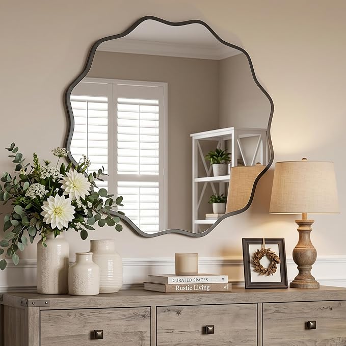 PERFNIQUE Black Scalloped Mirror, 30'' Round Wall Mirrors Wavy Wood Framed with Tempered Glass for Bathroom Nursery Bedroom Living Room Entryway, Decorative Modern Wall Decor