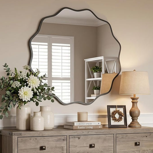 PERFNIQUE Black Scalloped Mirror, 30'' Round Wall Mirrors Wavy Wood Framed with Tempered Glass for Bathroom Nursery Bedroom Living Room Entryway, Decorative Modern Wall Decor
