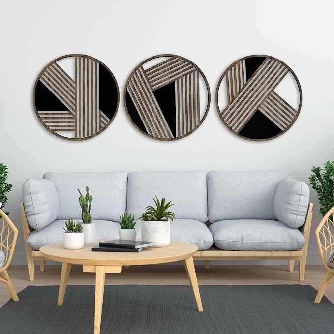 Round Art Deco Wood Wall Art, Geometric Wood Wall Decor, Abstract Lines Wooden Wall Art, Large Round Wooden Wall Panels, Home Decor Gift