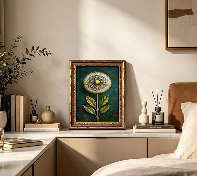 Vintage Gold Framed Dandelion Canvas Wall Art, Teal Background Botanical Oil Painting Print, Retro Moody Botanical Picture Poster， Country Farmhouse Wall Decor，for Home Living Room Bedroom，9x11in