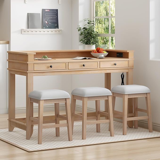 P PURLOVE 4 Piece Dining Bar Table Set with 3 Stools, Multifunctional, Industrial Style, USB Port, Space Saving, Solid Wood, Easy Assembly