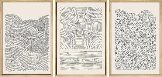 SIGNWIN Framed Canvas Print Wall Art Set Geometric Spiral Ring Wave Pattern Abstract Shapes Cozy Neutral Modern Art Decorative Contemporary Minimal for Living Room, Bedroom, Office - 24"x36"x3 Natural