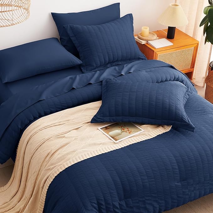 CozyLux King Size Comforter Set Navy Blue, 7 Pieces Seersucker Textured Luxury Bed in a Bag, All Seasons Soft Bedding Sets with Down Alternative Comforter, Sheets, Pillowcases & Shams, Home Gift