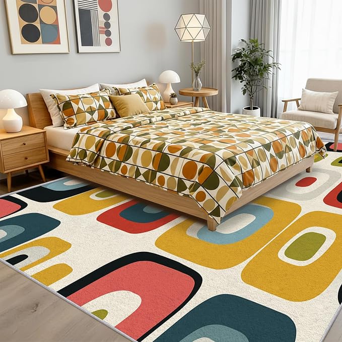 Mid-Century Modern Rug Large 8x10 Geometric Retro 60s 70s Pattern Area Rugs for Living Room, Bedroom, Mid-Century Modern Home Decor Accessories Indoor Carpet, Non Slip & Machine Washable