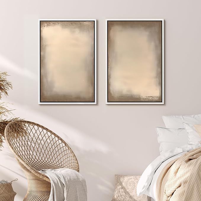 MUDECOR Framed Canvas Print Wall Art Neutral Minimalist Modern Abstract in Beige and Taupe Illustrations Modern Art Decorative Bohemian Colorful for Living Room, Bedroom, Office - 24"x36"x2 White