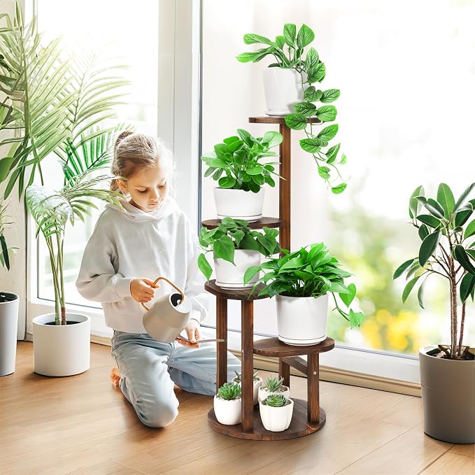 4 Tier Tall Plant Stand Indoor, Wood Corner Plant Shelf for Multiple Plants, Sturdy Oval Tiered Flower Pot Holder Display Rack for Living Room Balcony Patio, Carbonized Pine Wood
