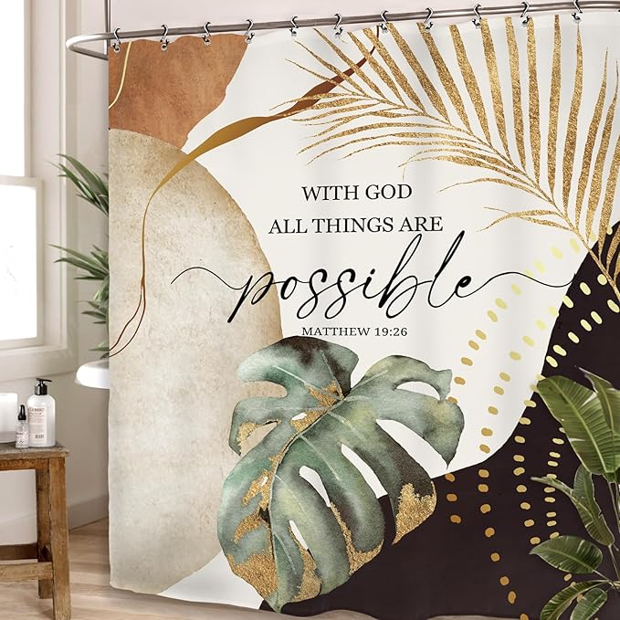 Yookeb Abstract Mid Century Bathroom Shower Curtain 60W by 71H Inch Bible Quotes Minimalist Aesthetic Modern Vintage Polyester Fabric 12 Plastic Hooks Waterproof Decor