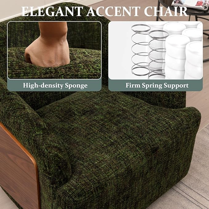 Swivel Accent Chair Linen Swivel Barrel Chair Comfortable Mid Century Modern Chair Upholstered Metal Base Armchair for Living Room Bedroom Office Large Vintage Green