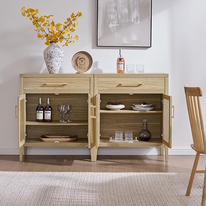SICOTAS Sideboard Buffet Cabinet with Drawers - Credenza Storage Cabinet with Adjustable Shelves, Farmhouse Sideboards Coffee Bar Console Cabinets for Kitchen Living Room Entryway, Light Walnut, 3 PCS