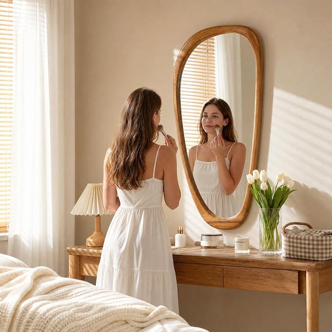 48" x 22" Asymmetrical Wall Mirror with Brown Wood Frame, Irregular Decorative Mirror for Living Room Entryway Bedroom, Large Wall Mirror, HD Tempered Glass, Horizontal or Vertical Hanging