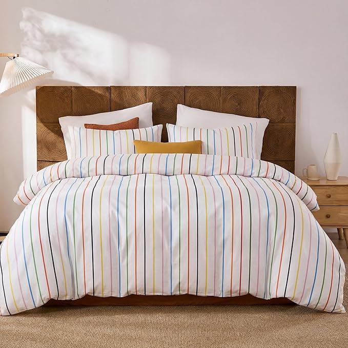 Merryword Rainbow Striped Duvet Cover Set Queen Size, 100% Cotton Bedding Set with Zipper Closure & 8 Corner Ties, Luxury Linen Like Bedding, Soft Breathable Comforter Cover for All Seasons