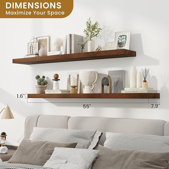 RICHFOCUS Rustic Wooden Floating Shelves for Wall - 55 Inch Wood Shelves Set of 2-7.9 Inch Deep Solid Paulownia Wood Wall Mounted Shelves with Upgraded Metal Brackets for Room Decor, Mahogany