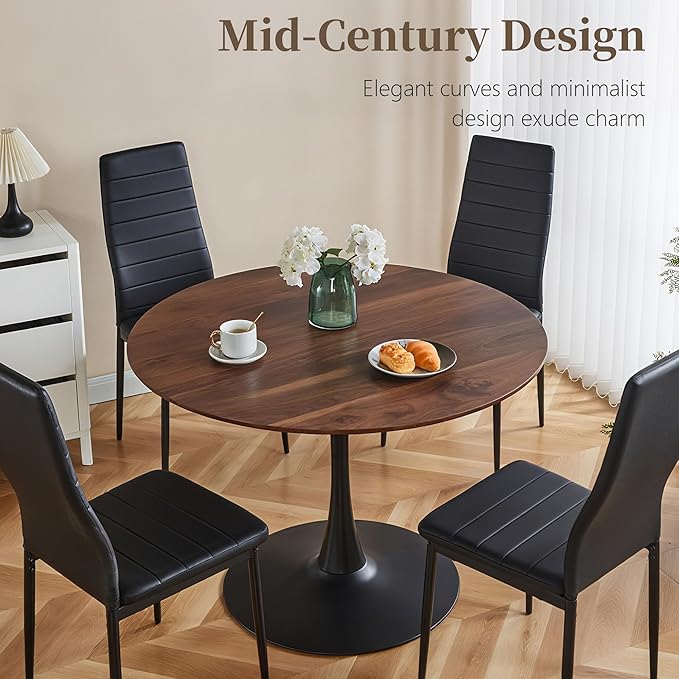 42 Inch Round Dining Table,Mid-Century Tulip Table with Metal Pedestal Base,Modern Leisure Table for Small Space Kitchen Dining Room,Easy Assembly,Walnut and Black