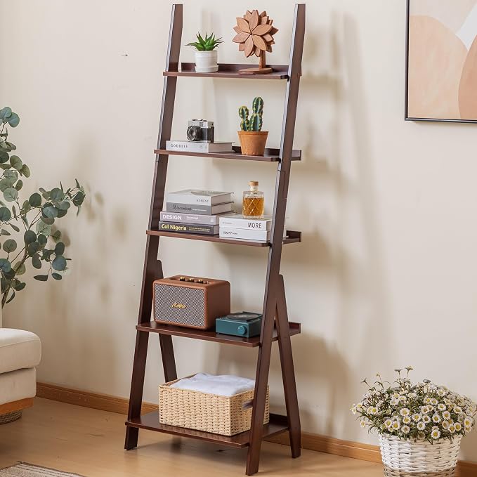DOUSY-5-Tier Ladder Shelf Bookcase, Bamboo Ladder Bookshelf Leaning Book Shelf, Freestanding Storage Shelf Boho for Living Room, Home Office, Bedroom, Balcony, Dark Walnut