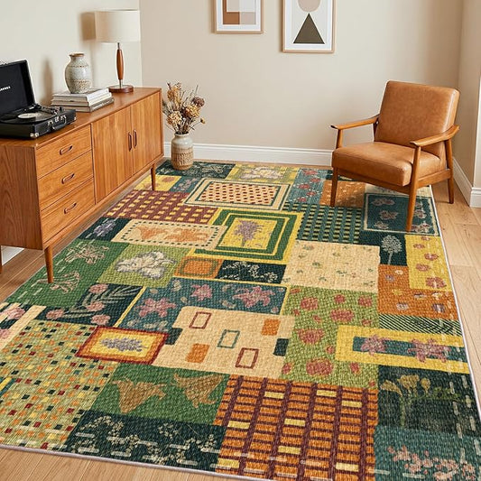 Patchwork Floral Area Rugs for Living Room, Washable 4x6 Abstract Green Soft Rug for Bedroom, Upgraded Non-Slip Durable Throw Carpet, Aesthetic Indoor Rug for Dining Room Office Home Hardwood Floor