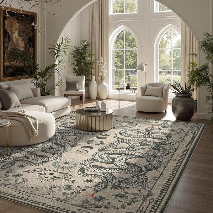 DCX Washable 5x7 Snake Rug, Beige Gothic Rug for Living Room, Soft Low Pile Carpet, Kid & Pet Friendly with Rubber Back Non Slip, Stain Resistant Rug for Bedroom Dining Room Office