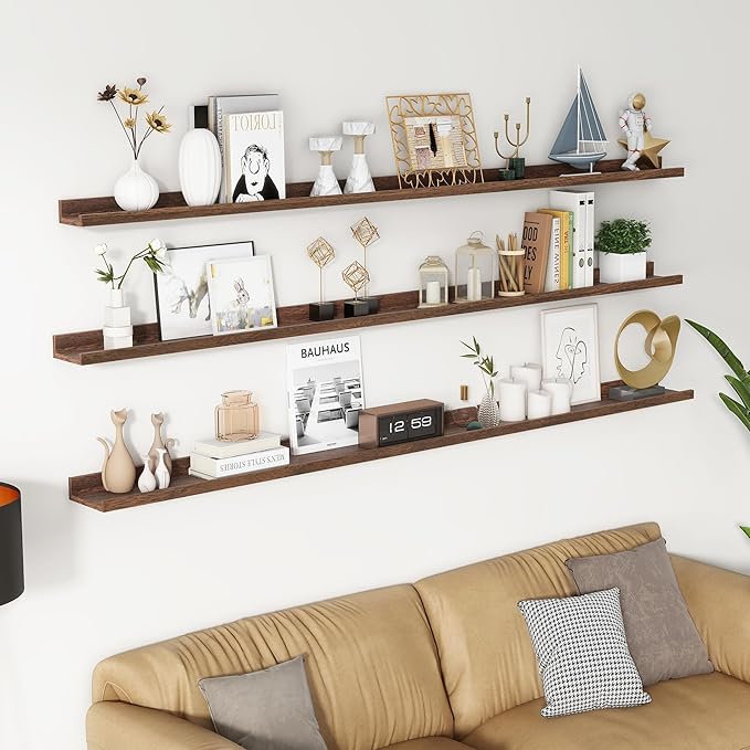 Axeman 72 Inch Floating Shelves | Walnut Picture Ledge Shelf Set of 3 | Rustic Wood Wall Shelves with Lip | 72" Walnut Picture Shelf for Wall with Ledge | Photo Shelves