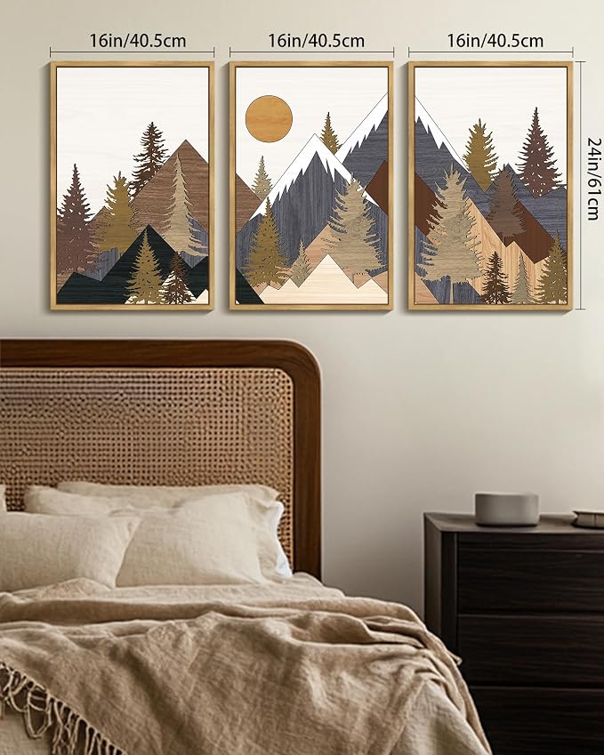 KUVIOKE Morden Boho Mountains Framed Canvas Wall Art Pine Tree Forest Nature Landscape Artwork Painting Bohemain Farmhouse Rustic Room Decor for Bedroom Living Room 16x24in (Natural Framed)