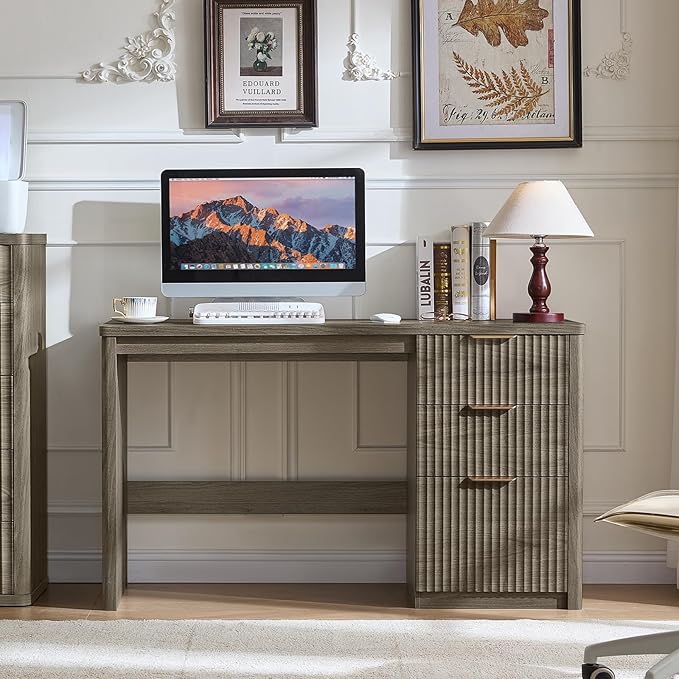 LEYAOYAO Office Desk 48" with 3 Drawers Storage File Cabinet Wood Fluted Desk for Computer Office Bedroom Home Furniture Grey