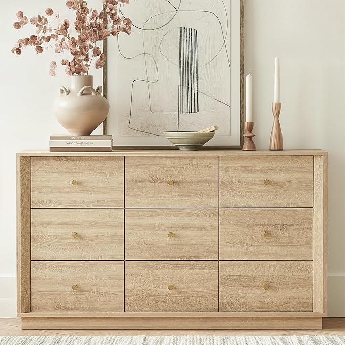 9 Drawer Dresser, Mid Century Modern Dresser with Storage, 55" Wide Chest of Drawers with Wood Grain Texture, Dressers TV Stand for Bedroom, Living Room, Hallway, White Oak