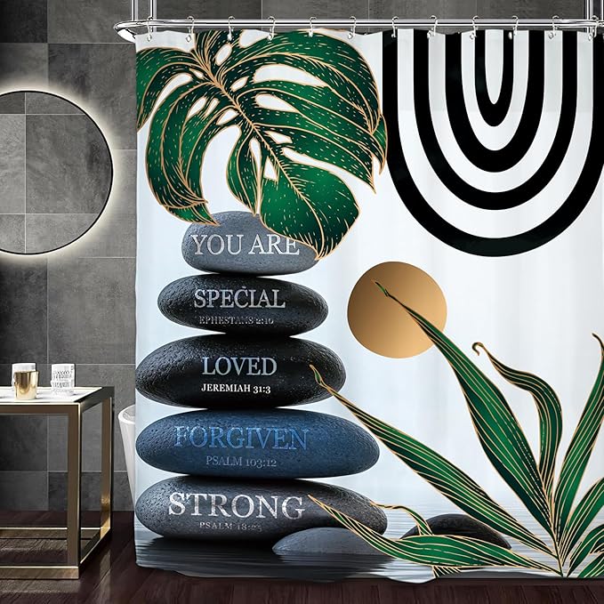 Miyotaa Abstract Zen Spa Shower Curtain Set 60Wx71H Inches Minimalist Bible Meditation Modern Aesthetic Contemporary Green Plant Leaves Monstera Neutral Waterproof Bathroom Curtain 12 Hooks