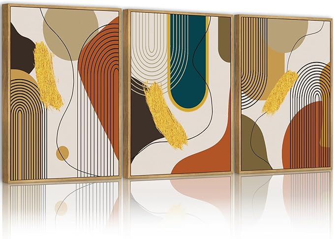 PHOPAGO Boho Abstract Framed Wall Art Modern Minimalist Luxury Gold Line Artwork Kitchen Dining Room Decor 11x14in Natural Framed
