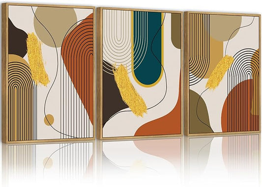 PHOPAGO Boho Abstract Framed Wall Art Modern Minimalist Luxury Gold Line Artwork Kitchen Dining Room Decor 11x14in Natural Framed