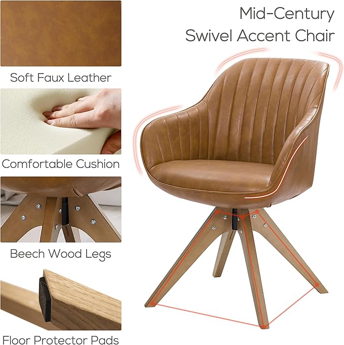 Art Leon Mid Century Modern Swivel Accent Chair with Arms, Beech Wood Legs Leather Upholstered Computer Desk Chair for Small Spaces Home Office Living Room Bedroom, Terracotta