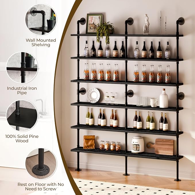 6 Tier Industrial Ladder Shelf Bookcase, Wall Mounted Rustic Bookshelf for Living Room Decor and Storage (Black, 6 Tier - 10" D x 70" W x 82.5" H)