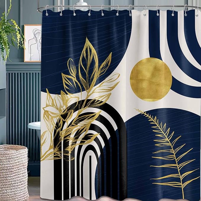 Mid Century Modern Navy Blue Shower Curtain Boho Dark Blue and Gold Leaves Shower Curtains for Mens Bathroom Decor Sets, Waterproof Cloth Fabric with Hooks, 70x96in