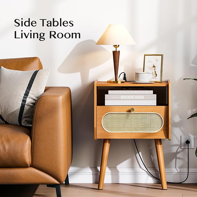 Night Stand Set 2, Rattan Nightstands Set of 2 with Charging Station, Mid Century Modern Bedside Table with Drawer, Boho End Table with Solid Wood Legs, Side Tables for Bedroom, Small Space, Cherry