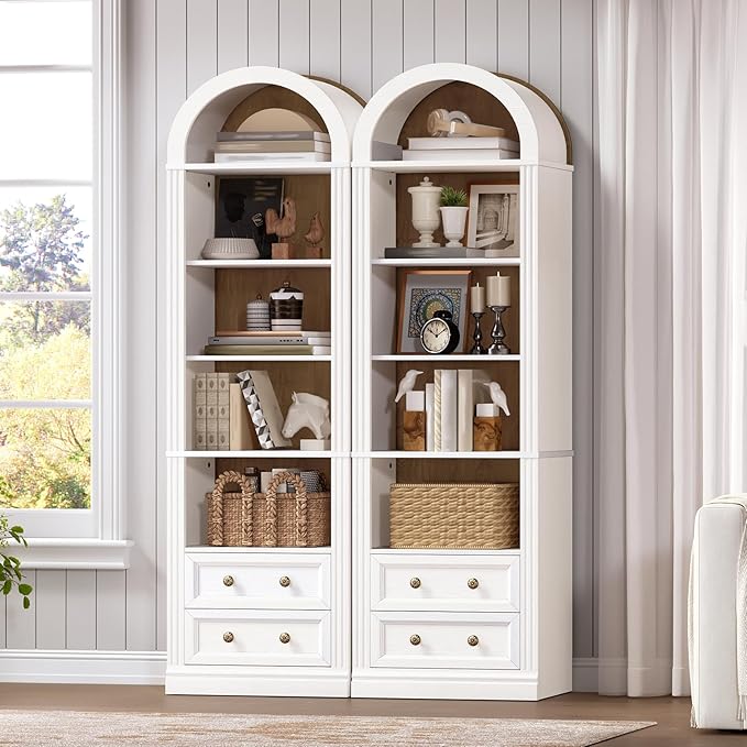 RALGEND Tall Narrow Bookshelf Set of 2, Arched Bookshelf with 2 Drawers, 7-Tier Farmhouse Arch Bookcase, Wooden Book Shelf with Open Display Shelves for Office, Living Room, Walnut and White