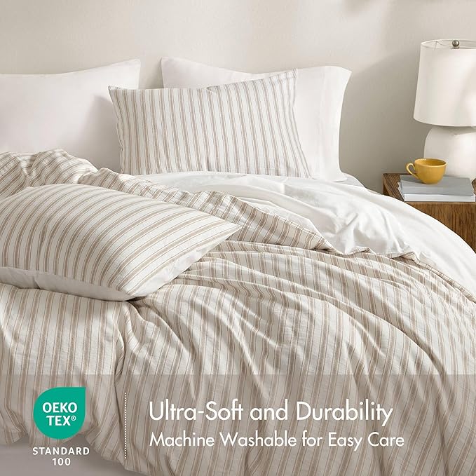 Madison Park Duvet Cover Set for Hot Sleepers - Linen Cotton Rayon Blend, Cal King Size 3 Piece Set with Shams - Lightweight & Breathable Bedding, Tan Striped Design